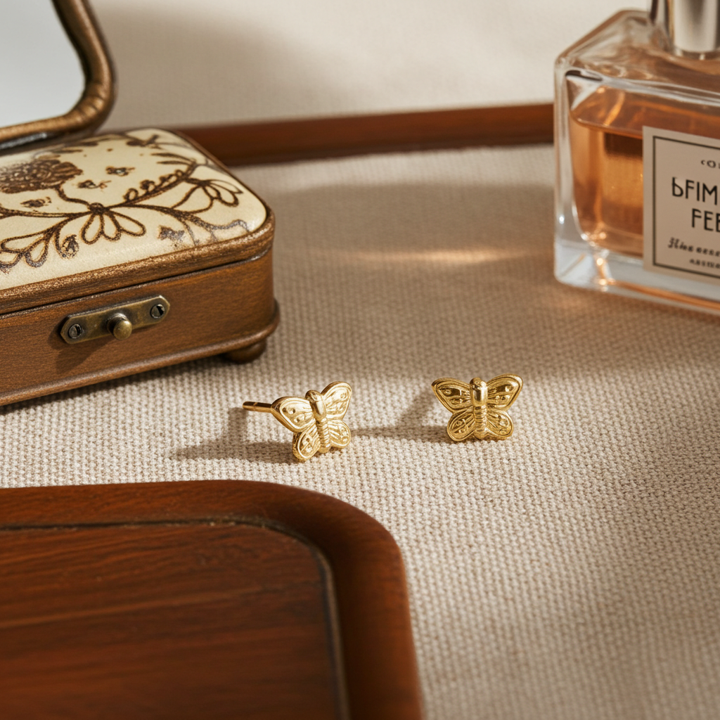 Gold butterfly earrings on a textured surface with a wooden box and perfume bottle in the background.