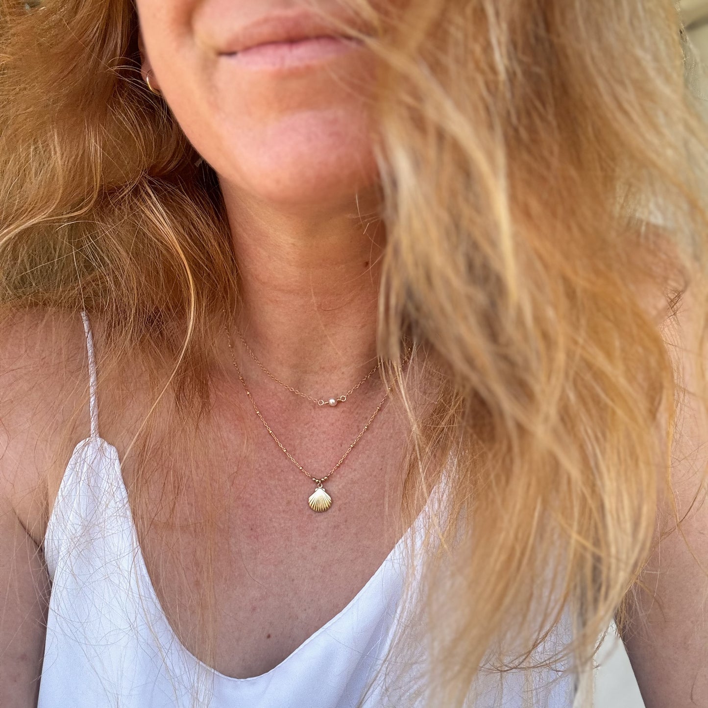Seaside Necklace in 14K Gold Filled with the single pearl necklace – a minimalist stacking necklace inspired by coastal charm, perfect for layering or wearing alone.