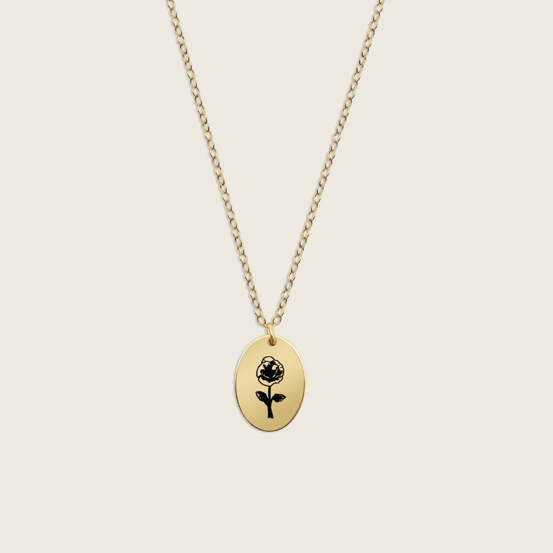 The Poppy Engraved Necklace in 14K Gold Filled – a delicate, handcrafted piece featuring an engraved poppy design. Perfect for adding a touch of elegance and meaning to your jewelry collection.