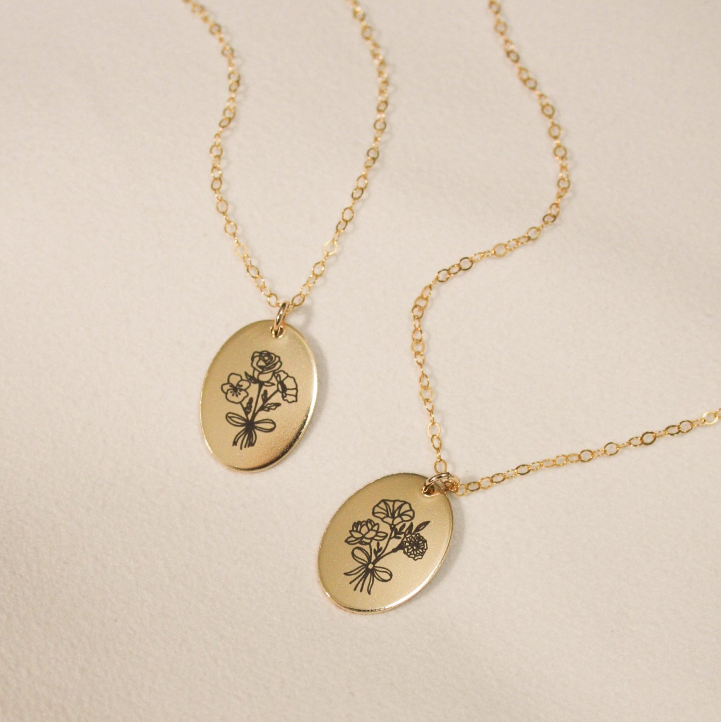 custom oval birth flower oval necklaces in gold filled