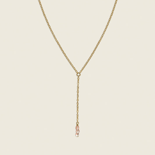 Blush Sands 14K Gold Filled Y-Shaped Necklace with rose gold Czech fire beads – a striking, modern accessory designed to add elegant sparkle and elevate any outfit.