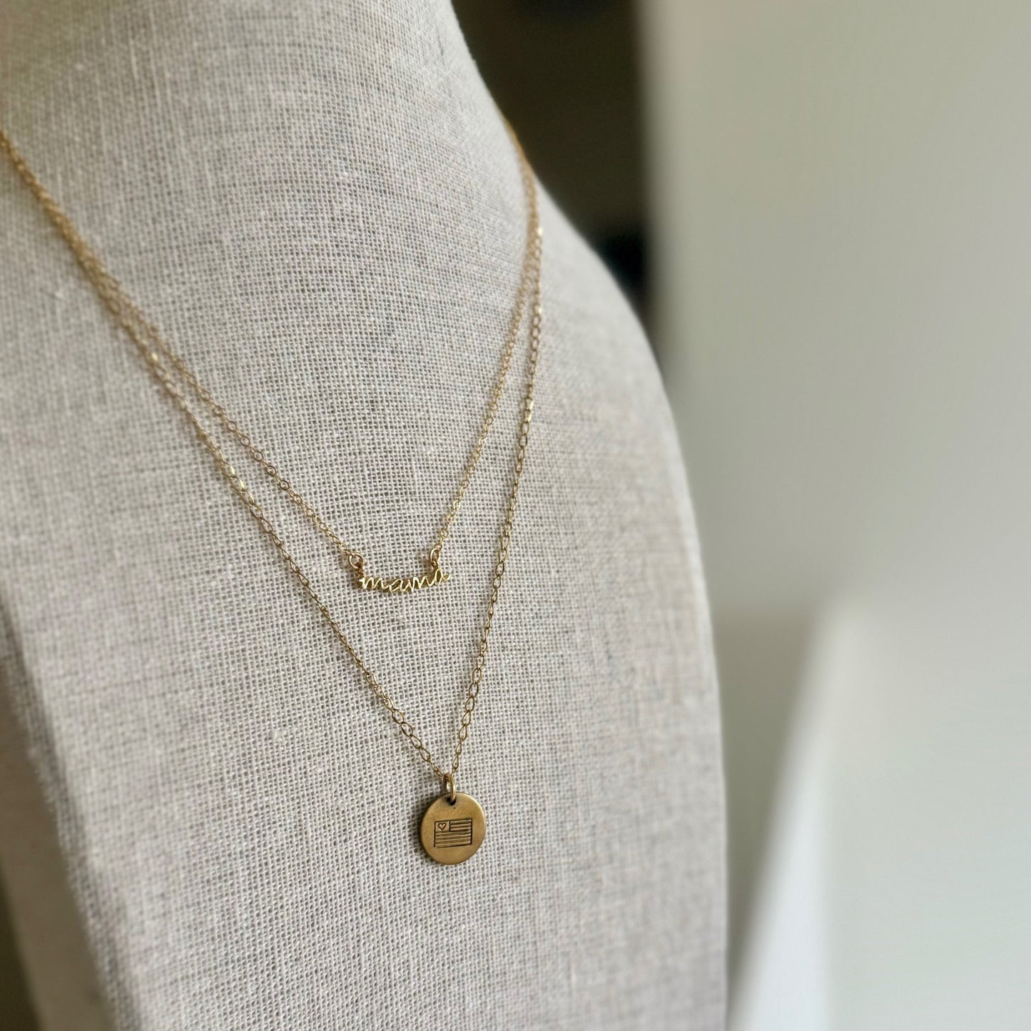 "mama" necklace in gold filled pair with the golden hour necklace for military moms and their families