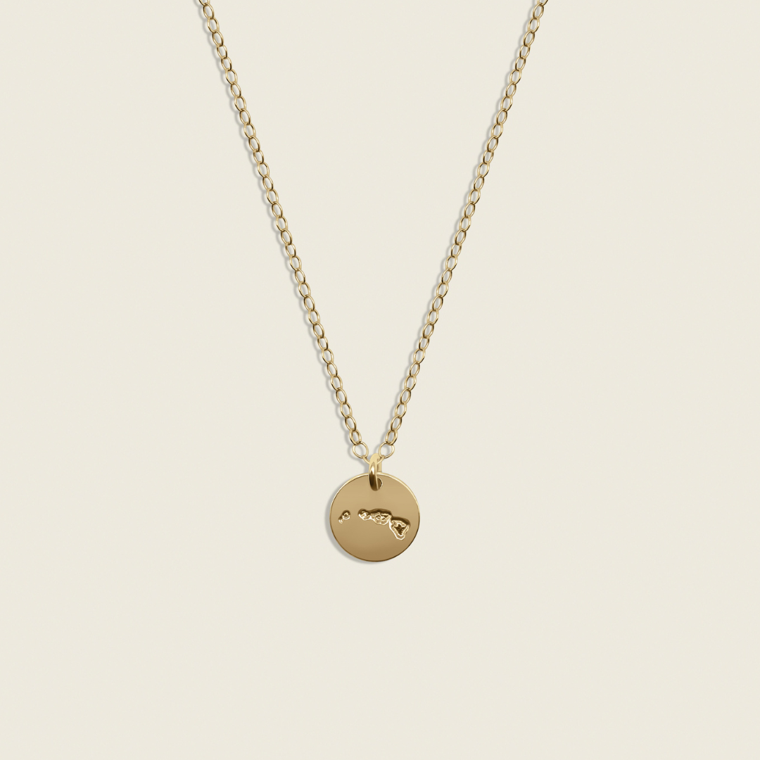 Hawaii Handstamped Pendant – 14K Gold Filled: A unique, artisan-crafted piece inspired by Hawaiian charm, perfect for beach lovers and those who adore tropical jewelry.