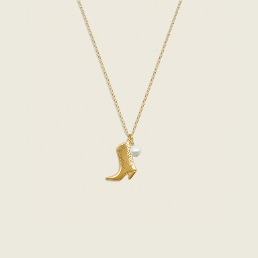 Coastal Cowgirl Necklace - meaningful 14k gold filled jewelry with a boot and single pearl