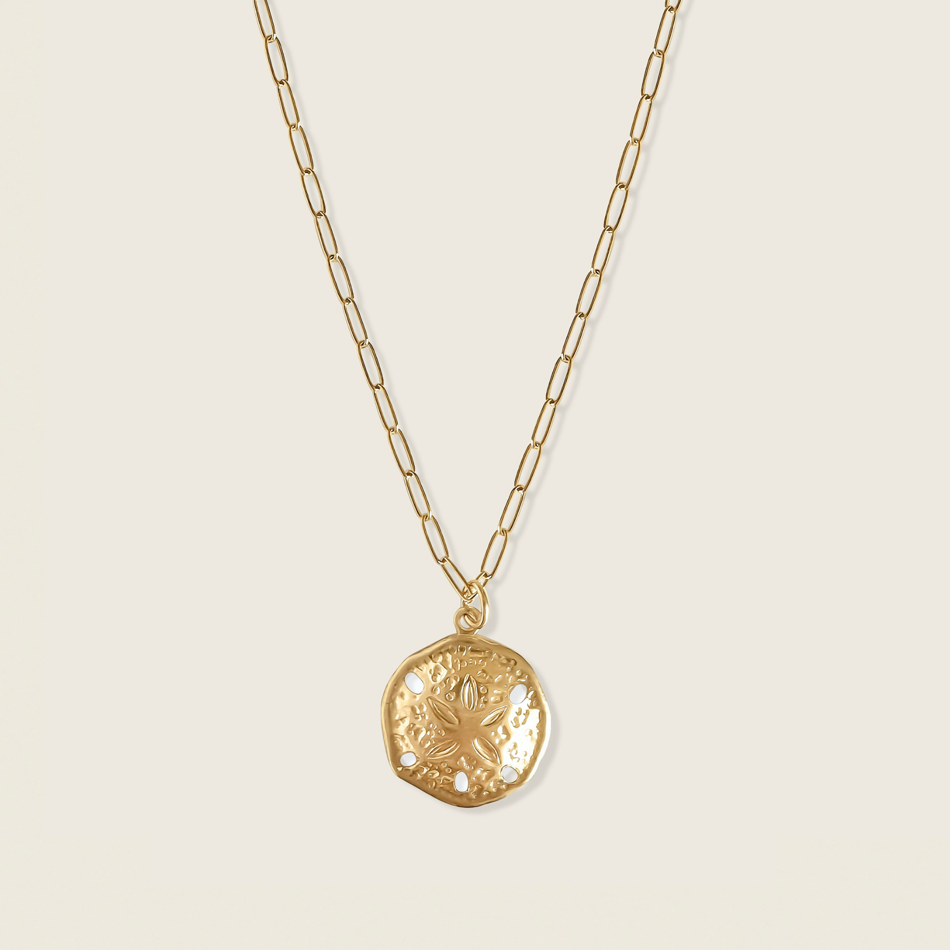 Gold necklace with a sand dollar pendant on a beige background